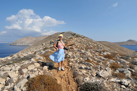 Jan hiking to the end of Cape Tainaron which is the southernmost point of continental Europe.  It separates the Messenian Gulf on her right from the Laconian Gulf on her left.
