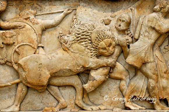 Lion attacking soldier in the Battle Between the Gods and the Giants