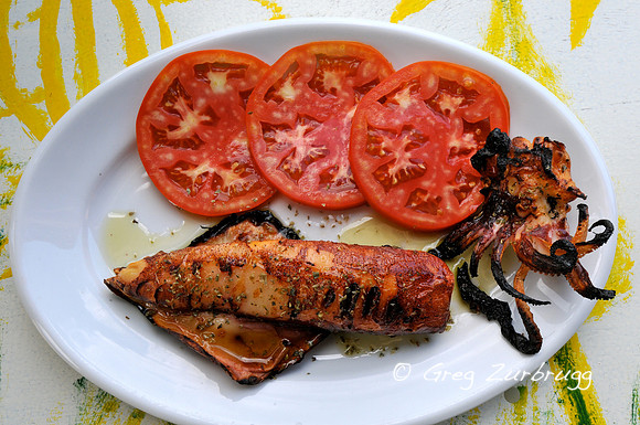 Perhaps our favorite Greek dinner.  BBQ squid at the Taverna Akrotiri in Porto Kagio.