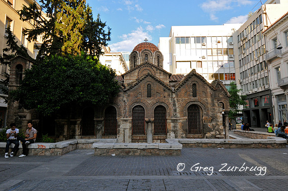Byzantine church surrounded by office buildings in Athens